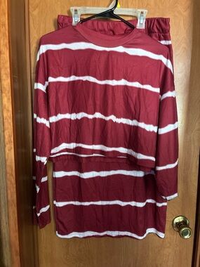 Maroon and White Striped Two-Piece Skirt Set Size Large